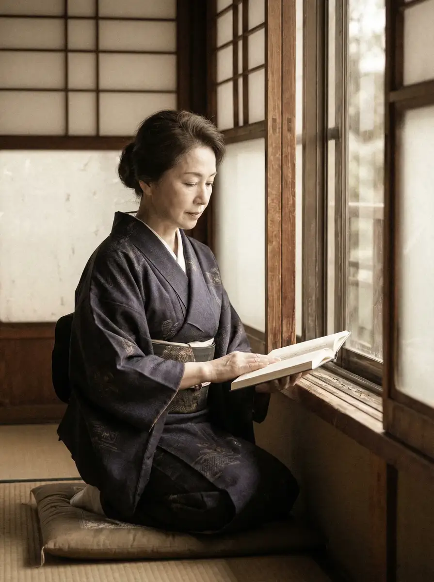一位优雅的五十岁 女子学院动漫 身穿深蓝色和服，在窗边静读